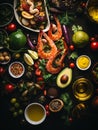 various types of seafood and vegetables on a black background