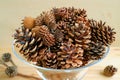 Various types and sizes of many natural dry pine cones in a glass compote on wooden background