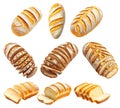 Various types of sliced artisan bread loaves with crusty and soft textures, isolated on white background, concept of bakery Royalty Free Stock Photo