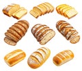 Various types of sliced artisan bread loaves with crusty and soft textures, isolated on white background, concept of bakery Royalty Free Stock Photo
