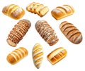 Various types of sliced artisan bread loaves with crusty and soft textures, isolated on white background, concept of bakery Royalty Free Stock Photo