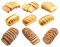 Various types of sliced artisan bread loaves with crusty and soft textures, isolated on white background, concept of bakery Royalty Free Stock Photo
