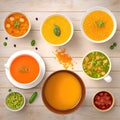 Various Types of Soup in Bowls. Culinary Collage With Dishes, Soups and Sauces. View From Above. AI