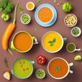 Various Types of Soup in Bowls. Culinary Collage With Dishes, Soups and Sauces. View From Above. AI Royalty Free Stock Photo