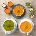 Various Types of Soup in Bowls. Culinary Collage With Dishes, Soups and Sauces. View From Above. AI Royalty Free Stock Photo