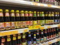 Various types of soy sauce used as a cooking ingredient are on sale at supermarkets.