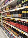 Various types of soy sauce used as a cooking ingredient are on sale at supermarkets.