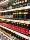 Various types of soy sauce used as a cooking ingredient are on sale at supermarkets.