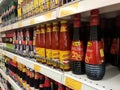 Various types of soy sauce used as a cooking ingredient are on sale at supermarkets.