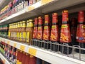 Various types of soy sauce used as a cooking ingredient are on sale at supermarkets.