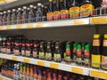 Various types of soy sauce used as a cooking ingredient are on sale at supermarkets.