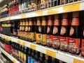 Various types of soy sauce used as a cooking ingredient are on sale at supermarkets.