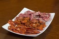 Various types of spanish salami, sausage and ham. Royalty Free Stock Photo