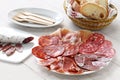 Various types of spanish salami, sausage and ham. Royalty Free Stock Photo