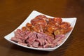 Various types of spanish salami, sausage and ham. Royalty Free Stock Photo