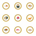 Various types of sushi icons set, cartoon style