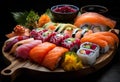 Various types of sushi served on a wooden platter with a side bowl of sauce, AI-generated. Royalty Free Stock Photo