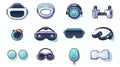 Various types of virtual reality headsets and accessories on display against a simple background Royalty Free Stock Photo