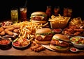 Various unhealthy fast food with soda drinks on wooden table.Macro.AI Generative