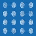 Various Unique Fingerprints White Thin Line Icon Set. Vector