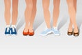 Various unshaved hairy woman`s legs with different shoes on feet