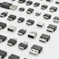 Various USB connectors and adapters are arranged in a neat grid on a white Royalty Free Stock Photo