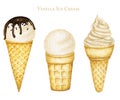 Various vanilla ice-cream scoops decorated with chocolate in waffle cone. Watercolor illustration isolated on white Royalty Free Stock Photo