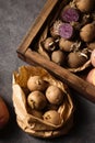 Various varieties of potatoes in a box for sprouting