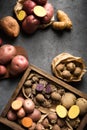 Various varieties of potatoes, top view