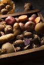 Various varieties of potatoes in a wooden box for sprouting