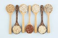 Various varieties of rice and wholegrains in spoon on wooden tab