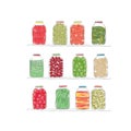 Various vegetables canned in glass jars on white background . Hand drawn vector illustration Royalty Free Stock Photo