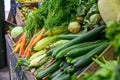 Various vegetables on display at a fruit and veg stall in Borough Market, London Royalty Free Stock Photo