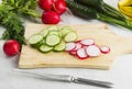 Various vegetables: garden radish, cucumbers, onions on a white Royalty Free Stock Photo