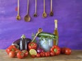 Various vegetables and kitchen utensils, Royalty Free Stock Photo