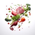 Various vegetables and meat flying in the air chaotically. White isolated food design elements.
