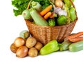 Various vegetables in a wicker basket isolate on white background Royalty Free Stock Photo