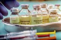 Various vials and medication prepared in the table of palliative care in hospital