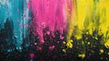 Various vibrant colors of paint are spread across a black background, creating a bold and striking composition