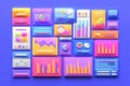 Colorful and modern statistical charts and data visualization elements on a blue background Royalty Free Stock Photo