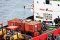 Various views of vessels and tugboats in port. Close-up view of the ships and barges construction. Port of Muara Pantai, Indonesia