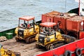 Various views of vessels and tugboats in port. Close-up view of the ships and barges construction. Port of Muara Pantai, Indonesia