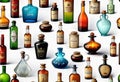 various vintage antique bottles isolated on white background, ancient bottles of different sizes and shapes, Royalty Free Stock Photo