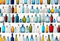 various vintage antique bottles isolated on white background, ancient bottles of different sizes and shapes, Royalty Free Stock Photo