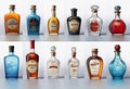 various vintage antique bottles isolated on white background, ancient bottles of different sizes and shapes, Royalty Free Stock Photo