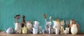 Various vintage kitchen utensils and beautiful old crockery, panoramic, free copy space