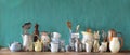 Various vintage kitchen utensils and beautiful old crockery, panoramic, free copy space Royalty Free Stock Photo