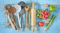Various vintage kitchen utensils and vegetables Royalty Free Stock Photo
