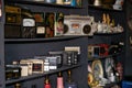 Various vintage radio recorders for sale in a thrift store