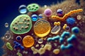 Various viruses, microbes and bacteria, types of microorganisms under microscopic magnification. Macro.Generative AI